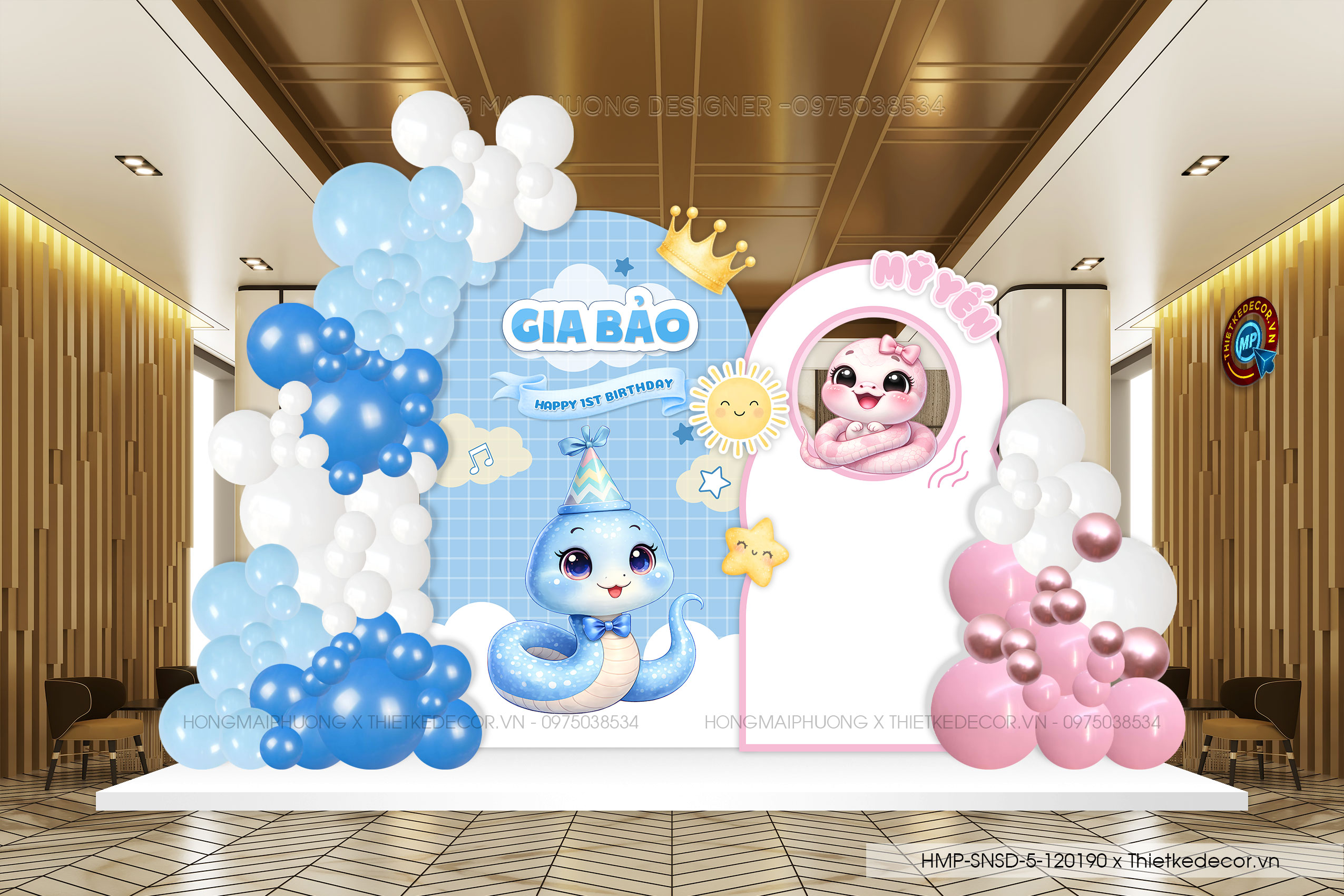 File thiết kế decor trang trí tiệc sinh nhật cho bé sinh đôi 1 trai 1 gái tuổi rắn mix bong bóng cute dễ thương đáng yêu tone hồng và xanh dương